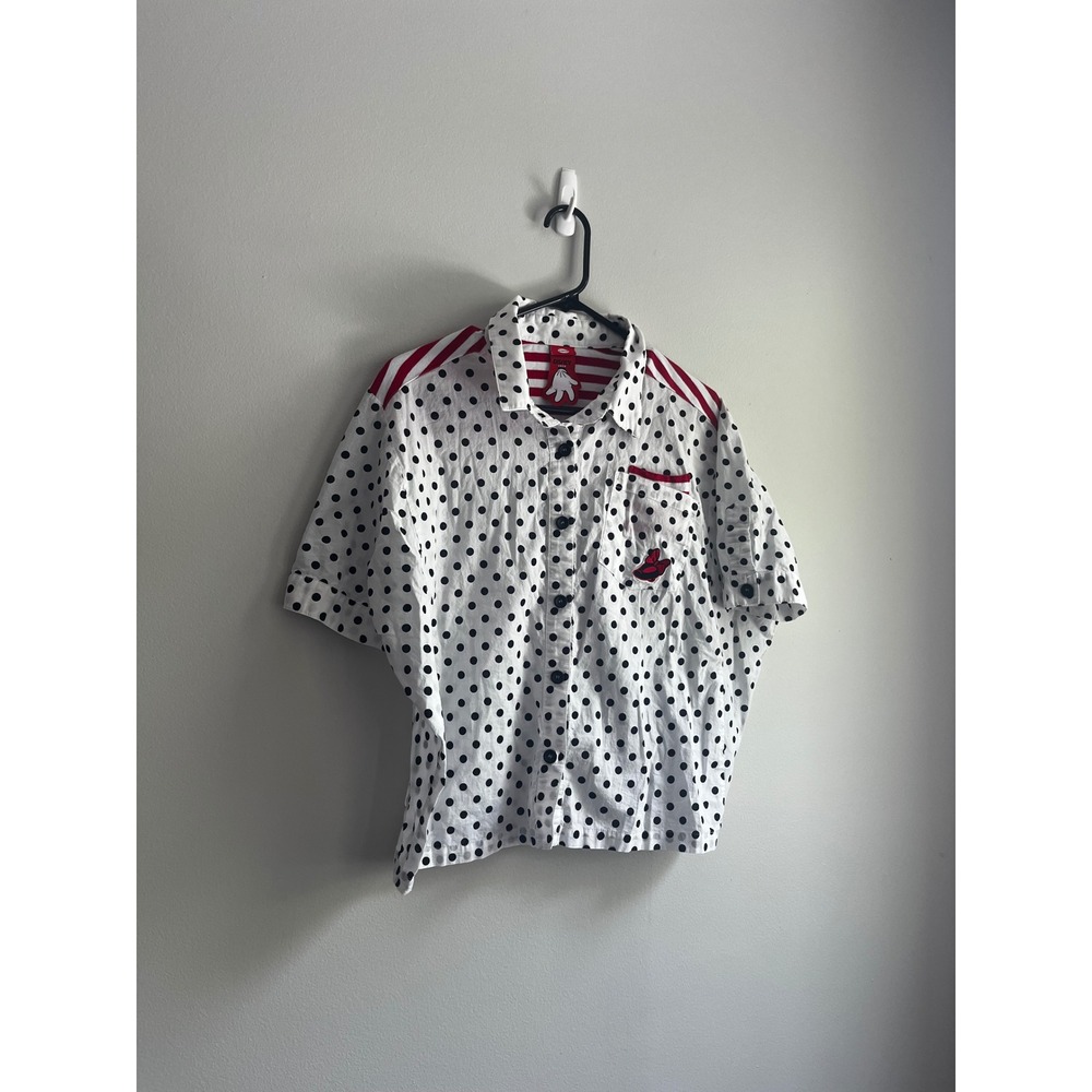 Disney 1928 Womens Polka Dot Striped Button Down Shirt Minnie Mouse Bow